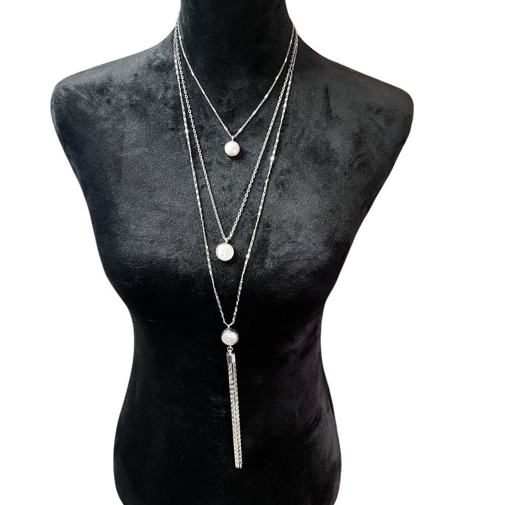 VERONESE Layered Necklace Silver Tone Baroque Pearl Pendant‎ Tassel Chain Women